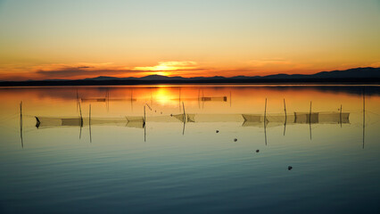 Obraz premium Poaching. Illegal fishing nets have been installed on the lake to catch fish. The concept of saving the planet and preserving nature. 