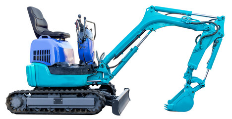 Clipped image of a blue hydraulic excavator seen from the side