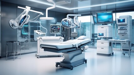 Illustration hospital interior in recovery or inpatient room with bed and amenities