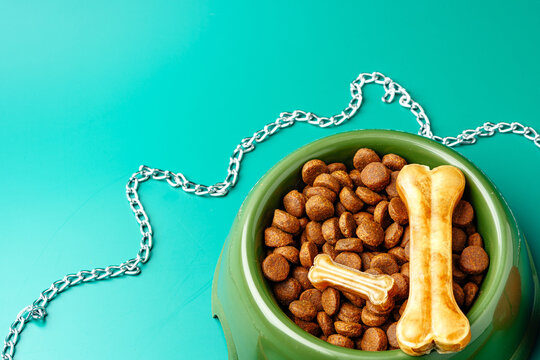 Bowl of dry pet food on green background