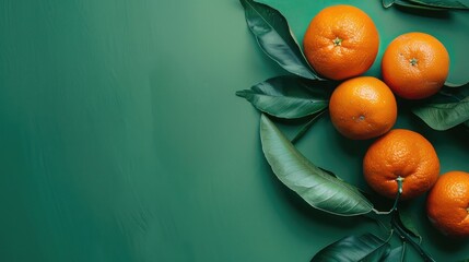 Stem Leaf Mandarin Oranges on a Green Background