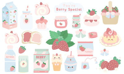 Vector collection of cute kawaii Strawberry Themed Clipart and strawberry dessert