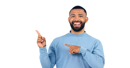 Man, portrait and pointing for advertising, information and choice on isolated and transparent background. Happy male model, presentation and show fashion for feedback or launch of news on png