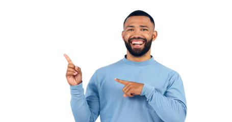 Man, portrait and pointing for advertising, information and choice on isolated and transparent background. Happy male model, presentation and show fashion for feedback or launch of news on png