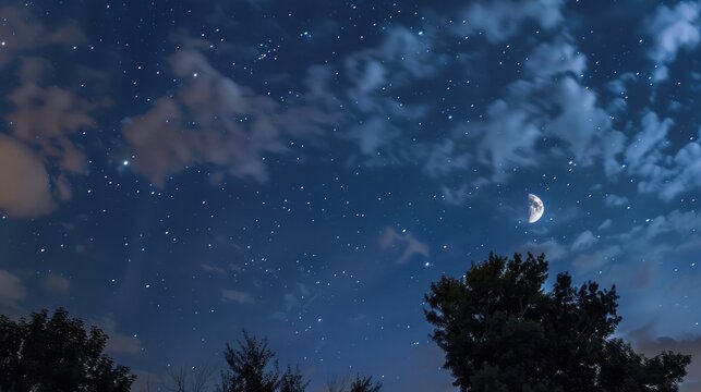 starry sky with half moon in scenic cloudscape
