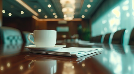conference room with a stack of paper on the table
