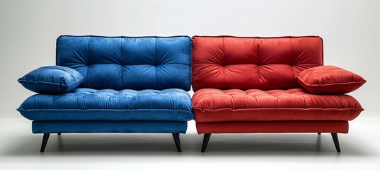 Red and blue colored  sofa. Symbolizes the presidential election democracy choice. Generative AI technology.