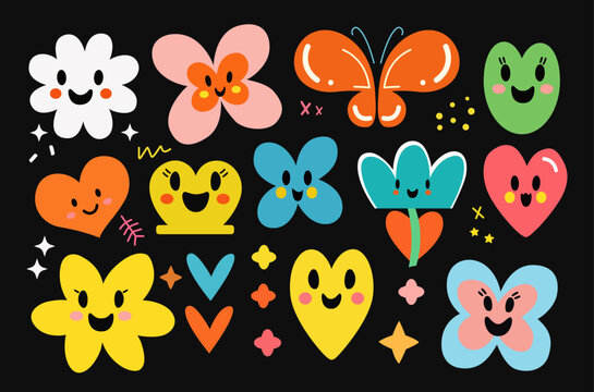 collection of cute cartoon characters funky groovy colorful vector smiling kids design decorative