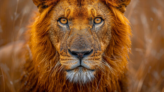 Powerful Lion Stare, Close-Up, Vibrant Orange Mane