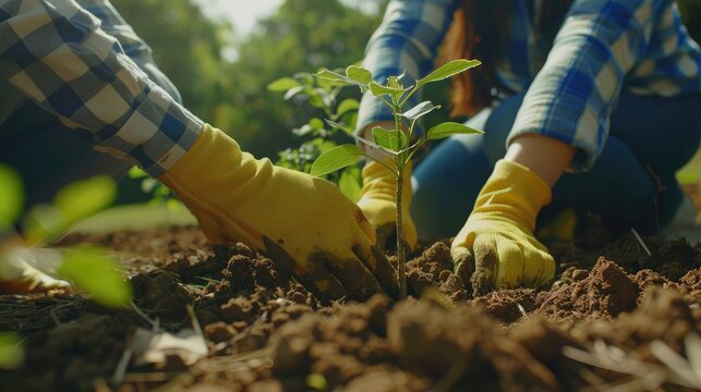 Tree planting on volunteer family's hands for eco friendly and corporate social responsibility campaign concept