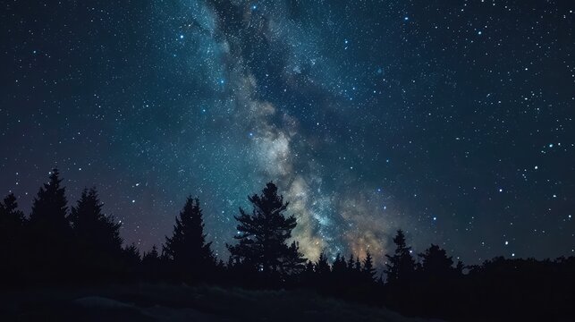 The Milky Way rises over the pine trees on a foreground