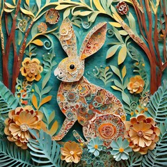 Whimsical Easter Rabbit made of paper cutouts and flowers