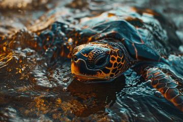 Oil covered turtle or seal or marine life, Sea pollution, oil leak on sea surface