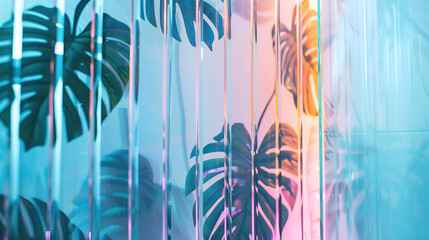 Clear reeded shower screen of Fluted Glass with tropical neon leaves in the background, delicate colour palette. Fluted Interior