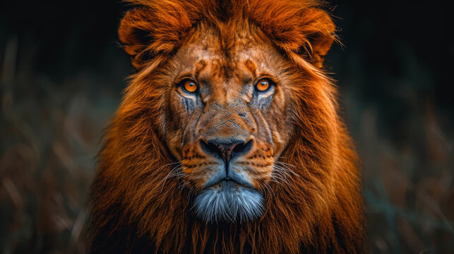 Regal African Lion Portrait, Fiery Mane, Wild Beauty