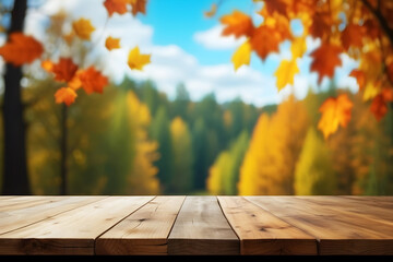 Naklejka na ściany i meble Empty Flat wooden podium tabletop platform on Blurred Autumn Forest with Sky Background, Blank showcase pedestal For product display presentation.