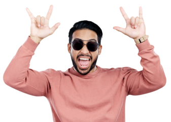 Portrait, rock on and hand gesture of excited man in sunglasses, cool and crazy expression for fashion isolated on a transparent png background. Face, person and show devil horns, sign and symbol