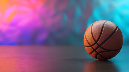 Basketball ball on the floor with colorful bokeh background.