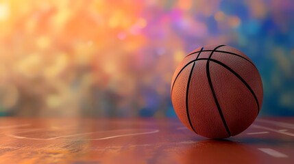 Basketball ball on the floor with colorful bokeh background.