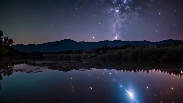 reflection of the night sky on the surface of the water, revealing the starry patterns and celestial beauty in a serene, A stunning capture of a shooting star across the night sky, AI Generated