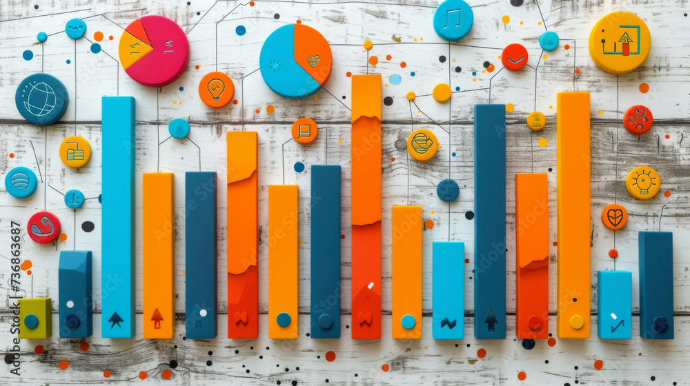 Poster a colorful bar graph tered with various symbols and icons showcasing the progress and fluctuations o
