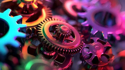 Gears and bearings close up. Industrial background. 3d rendering