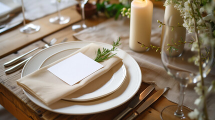 Table place setting blank menu card mockup or reserve in wedding invite and special event - Powered by Adobe