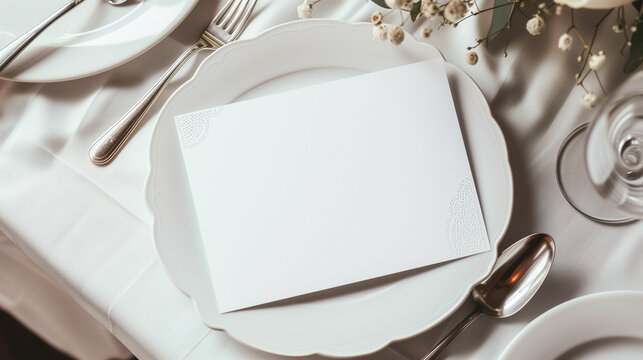 Table place setting blank menu card mockup or reserve in wedding invite and special event