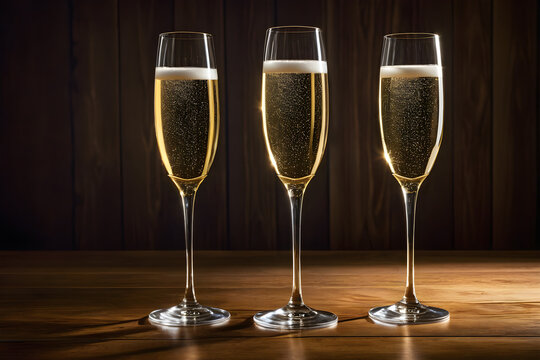 Three glasses of champagne on a simple wooden background, Valentine's Day, Christmas. Generative AI