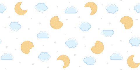 Light blue sugar clouds, bitten cookie moons and cookie crescents on a white background with gray dots. Kids endless texture with sweet sky. Vector seamless pattern for wrapping paper, giftwrap, print