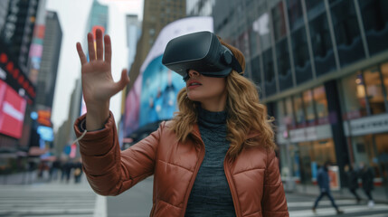 Fototapeta premium Young woman wearing headset VR virtual reality glasses in the city street, immersive technology
