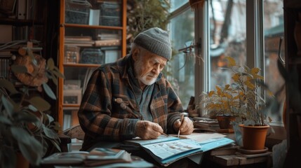 In a quiet corner of his home an elderly man is crafting handmade items to sell on his passive income platform. - obrazy, fototapety, plakaty