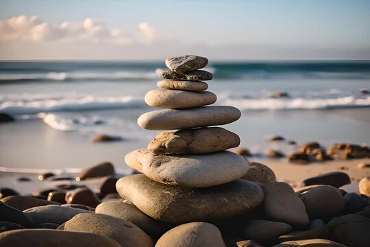 A pile of smooth stones carefully stacked on a pebbly beach
