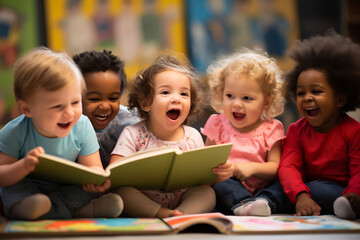 Three Delighted Toddlers Engaged in Story Time at a Preschool. Early Childhood Education and Joy of Reading Concept - obrazy, fototapety, plakaty