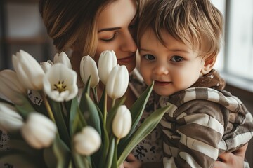 mother and son candid portrait with white tulips for mothers day