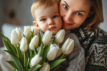 mother and son candid portrait with white tulips for mothers day