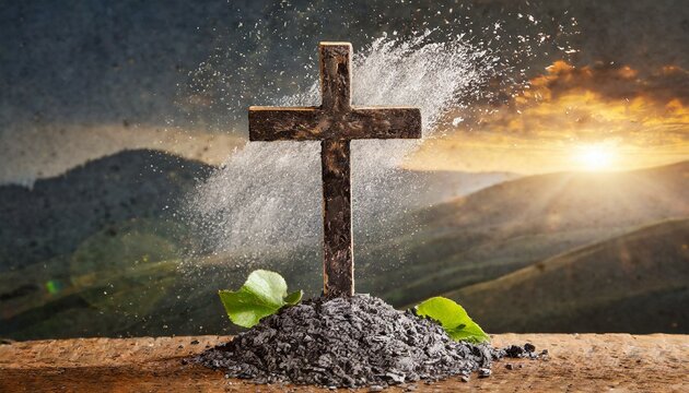 cross on the hill, Christian cross and ash as symbol of religion, sacrifice, redemption of Jesus Christ. Ash Wednesday concept
