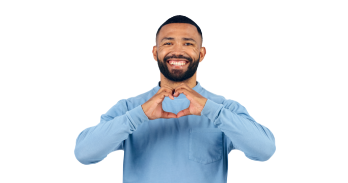 Happy man, portrait and heart hands for love, care or support on a transparent PNG background. Male person with smile, like emoji or shape for romantic gesture, kindness or peace in vote or thank you