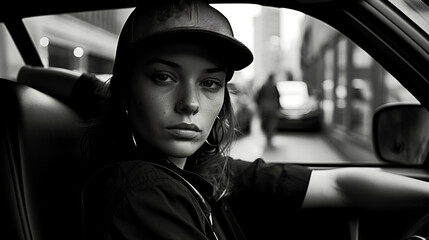 Black and white portrait of a female taxi driver, courier in her car in a city street.