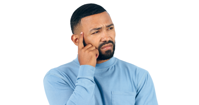 Confused, man and thinking about question with doubt or problem solving in transparent or png background. Unsure, why and person planning ideas with frown on face or remember a decision or choice