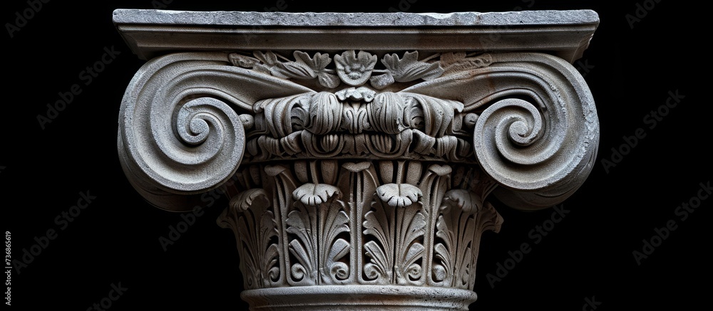 Poster a close up of a pillar with swirls on it on a black background . high quality