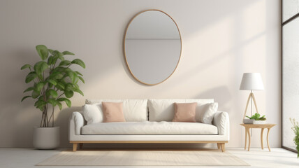 Fototapeta na wymiar Interior of light living room with comfortable sofa, houseplants and mirror near light wall