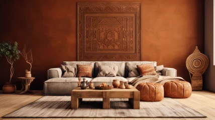 Papier Peint photo Autocollant Style bohème Home interior with ethnic boho decoration, living room in brown warm color