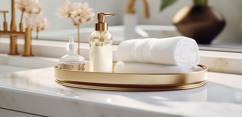 Bottle of soap and white towel on a gold tray