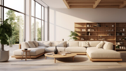 minimalist interior open space  design modular sofa, furniture, wooden coffee tables,  pillows, tropical plants  elegant personal accessories in stylish home decor. Neutral living room