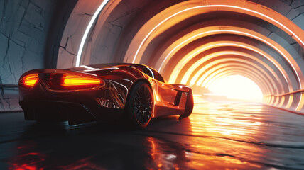 modern sports car drives quickly through an abstract light tunnel