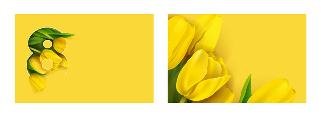 Happy women's day greeting cards. 8 March templates with realistic yellow tulips. International women day posters. Spring vector illustrations.