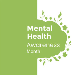  Mental health text, green and white background with leaves vector illustration
