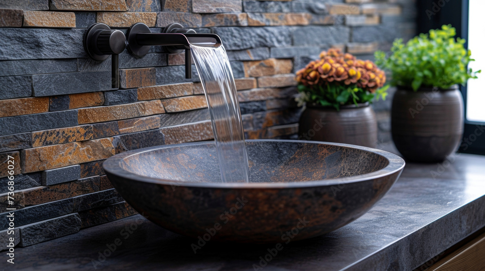 Poster a closeup of a modern waterfallstyle faucet pouring into a beautiful vessel sink with a natural ston