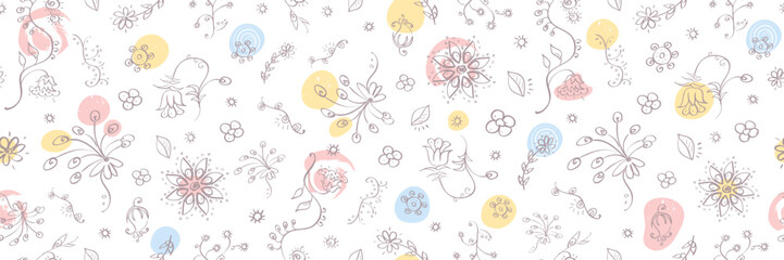 Hand drawn floral seamless pattern. Horizontal vector illustration